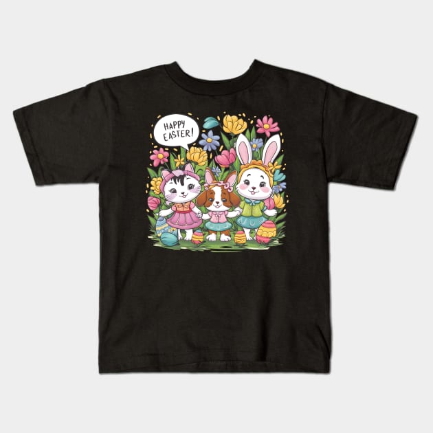 Happy Easter Bunny And Cat And Dog Mom Dad Boys Girls kids Kids T-Shirt by Pikalaolamotor